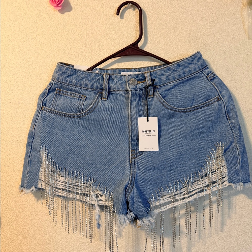 Forever 21 Light Blue Denim Fringe Chain Hem Shorts